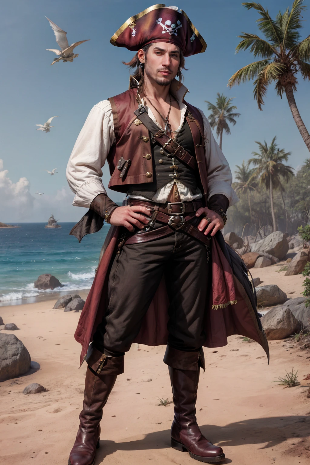 <lora:sc_jeffrey_adam_epoch_5:0.8> scjeffreyperson dressed as pirate <lora:Clothing - Sexy Pirate:0.6> jewelry, belt, (wearing a shirt and vest), coat, trousers, boots, posing on a pirate island, pirate hat