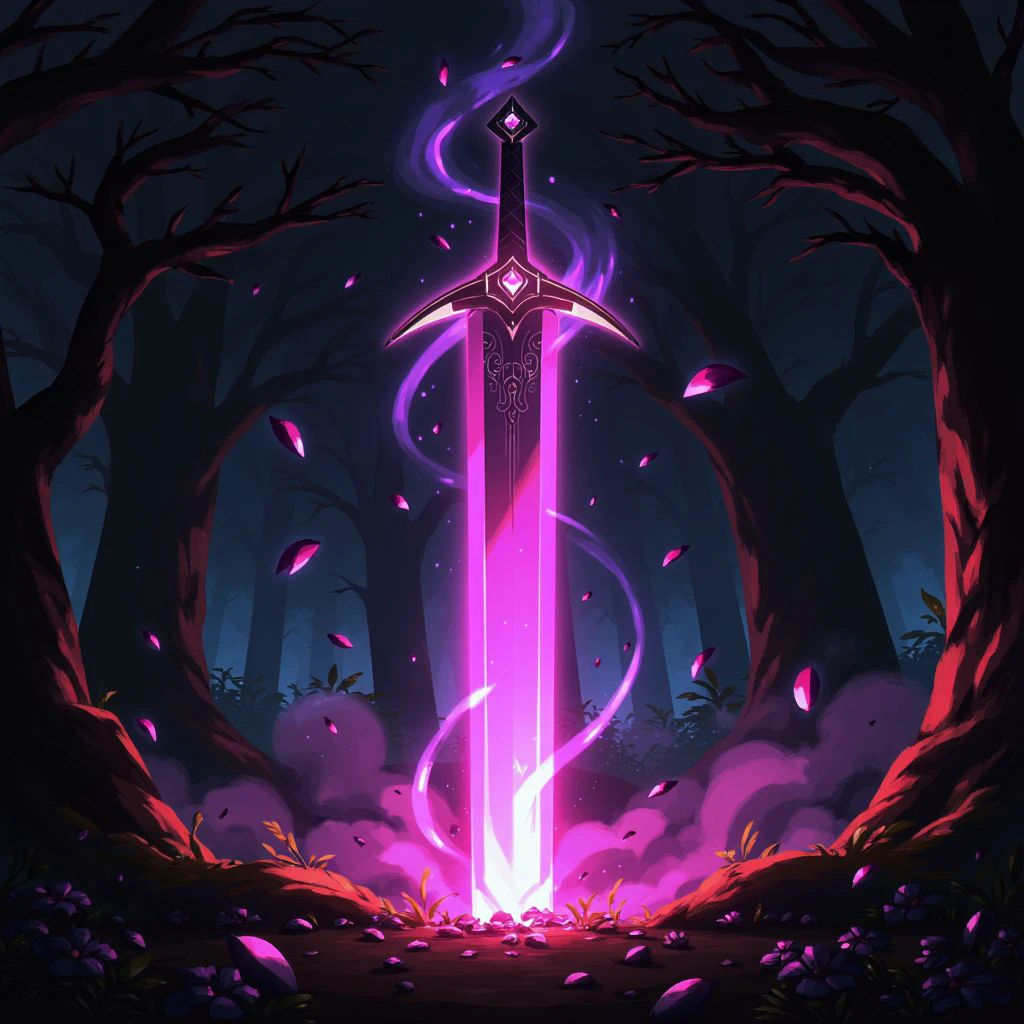 an ethereal sword with a glowing pink and violet aura, planted into the ground in an enchanted forest. The sword has intricate engravings running along the blade and hilt, radiating with magical energy. Swirling pink petals and glowing particles float around the sword, illuminating the forest. Soft mist surrounds the scene, with the forest trees casting dark shadows as the sword glows brightly, creating a mystical atmosphere.
<lora:Porforever_V2_epoch_4:0.9>,