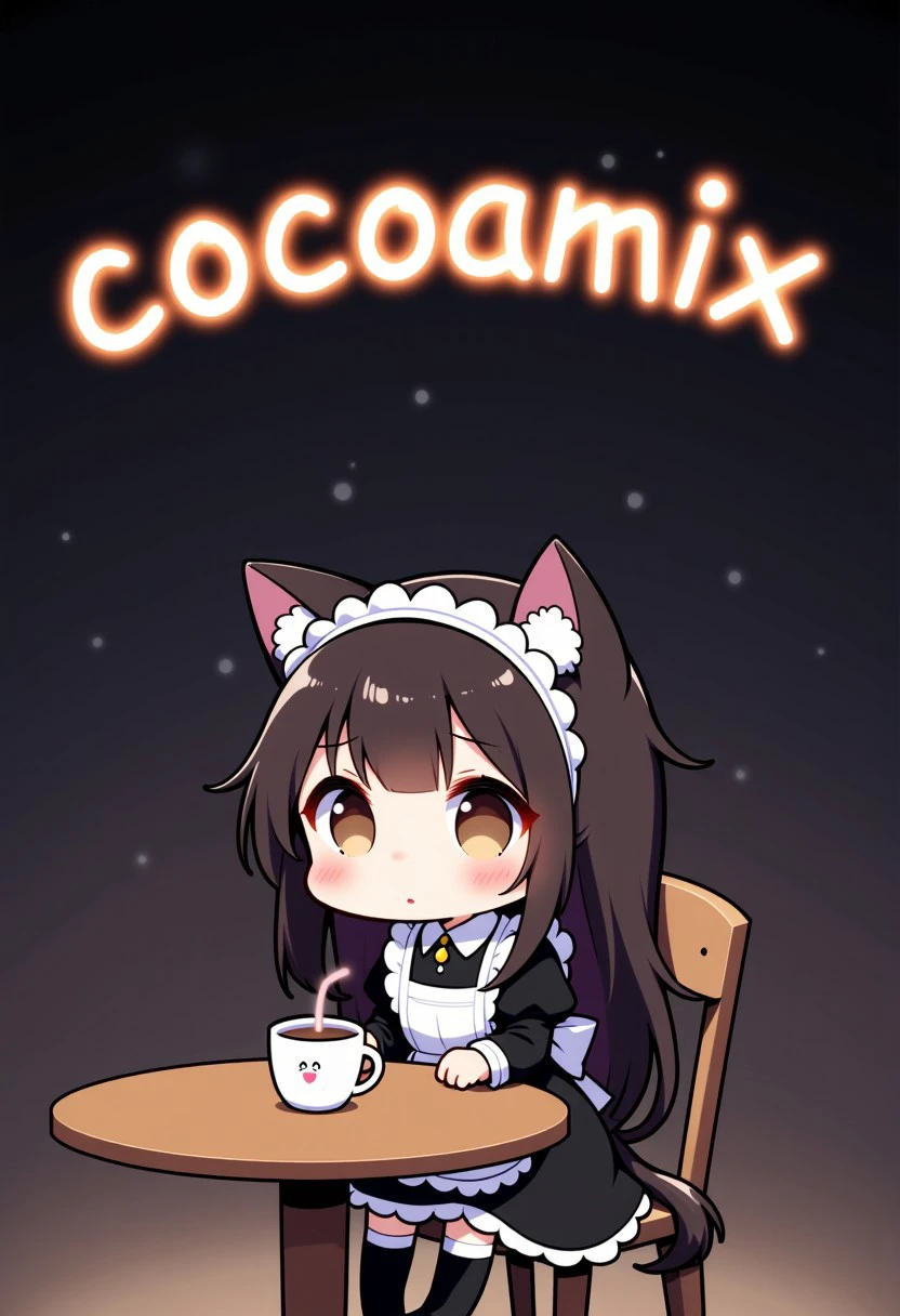 cocoart,chibi,simple art,1girl,cocoa\(drink\),table,chair,sit,cat hands, maid dress with cat ears,pet pose,dark brown hair,long hair,coffee shop,brown eyes,(detailed (text is "cocoamix") made of glowing line),night theme,dark,cocoart,