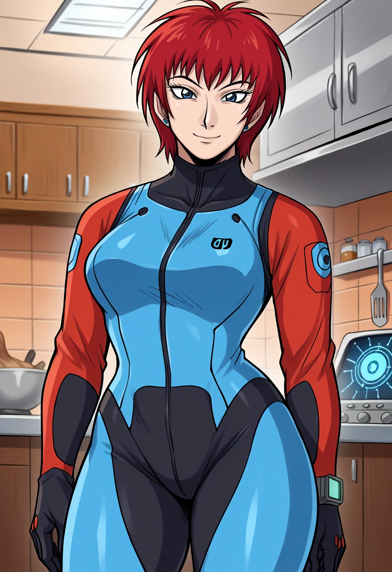 score_9, score_8_up,score_7_up, source_anime, 1girl, solo, <lora:akwmk_pdxl_EliPot:1>, akwmk, tomboy, short hair, red hair, blue eyes,
stud earrings, jewelry,  
futuristic watch, glowing suit, holographic map, time portal device, tech boots,
in the kitchen, kitchen utensils, indoors,
scheming, fingers steepled, narrow eyes, sly smile, plotting, shadowy background,