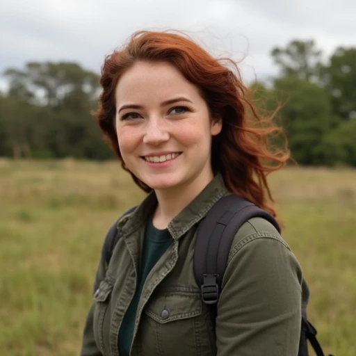 a woman with red hair and a backpack smiles at the camera while standing in a field of grass and trees