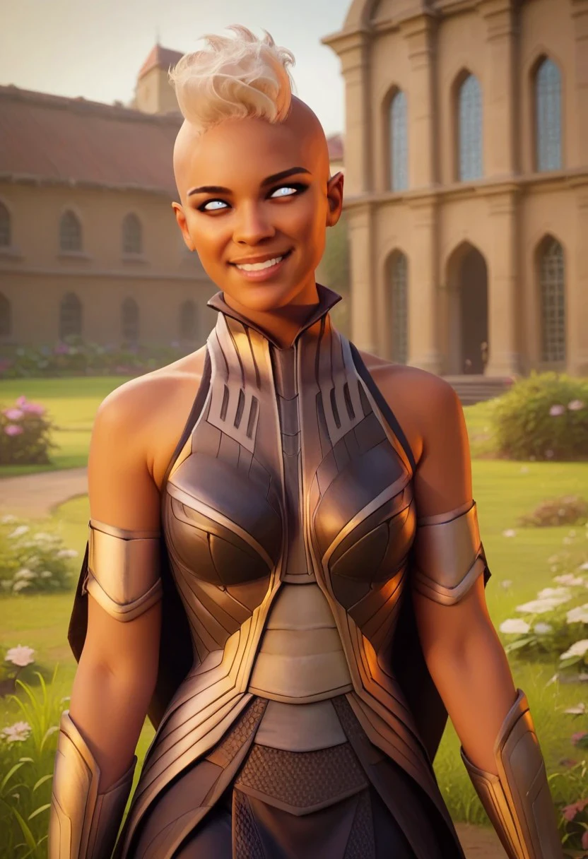 score_9, score_8_up, score_7_up, female, solo, ororo,white hair, mohawk, white eyes, brown skin,outfit1, armlets, vambraces, medium breasts, outdoors, english garden,mansion in background, looking at viewer, smile, grass