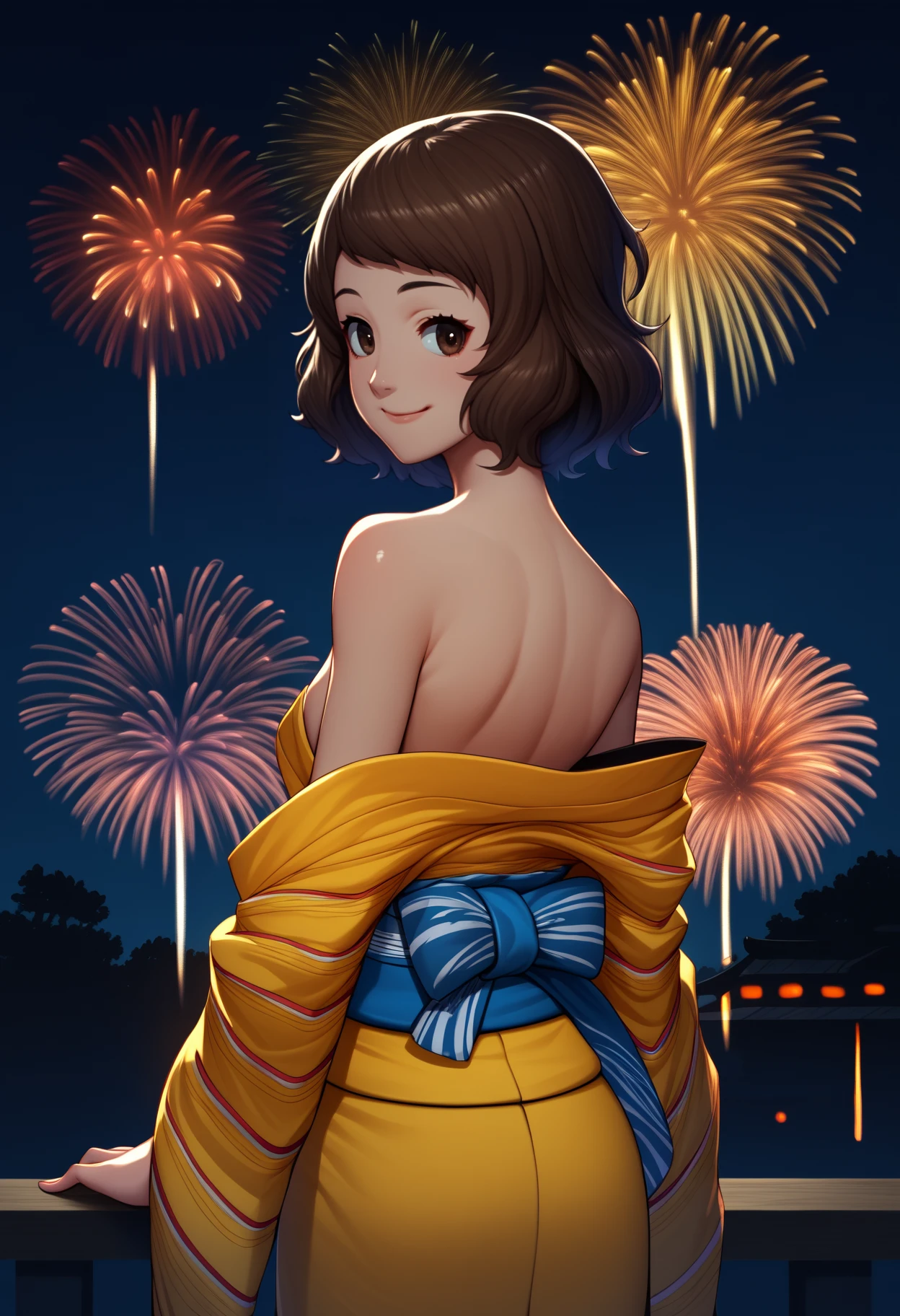 score_9, score_8_up, score_7_up, source_anime, <break> from behind, solo, 1girl, saday0def, smile, looking back, short hair, brown hair, brown eyes, japanese clothes, yellow kimono, striped kimono, off shoulder, blue sash, bare shoulders, fireworks
<segment:yolo-face_yolov8m.pt,0.4,0.5//cid=1>