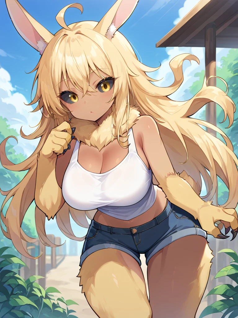 score_9, score_8_up, 1girl, masterpiece, solo,  <lora:Yorusagi_OC_Pony:1> yorusagi, rabbit ears, blonde hair, long hair, ahoge, black sclera, yellow eyes, dark skin, neck fur, body fur, claws, large breasts, outdoors, casual clothes