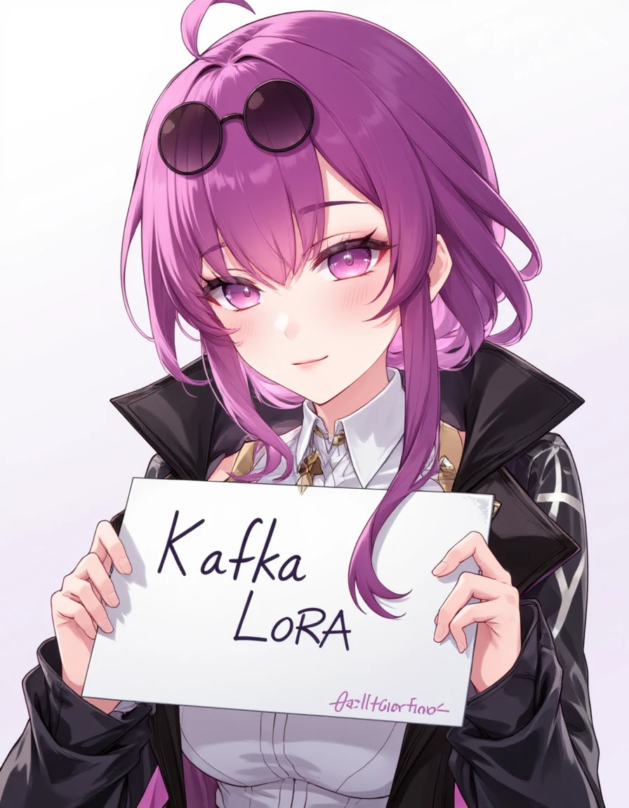 kafka, female, purple hair, pink eyes, black jacket, sunglasses, anime, holding a sign saying "Kafka FLUX LoRA"