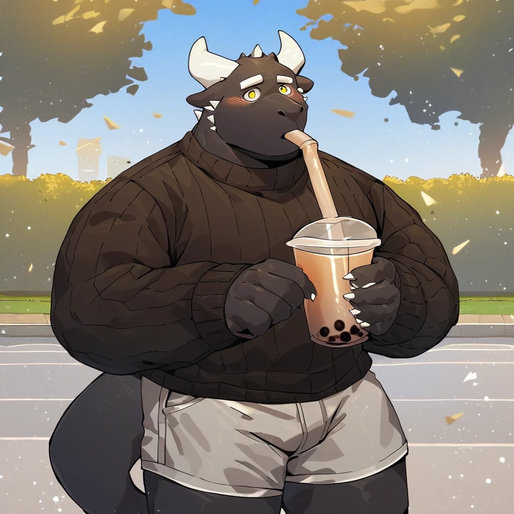 score_9_up, score_8_up, score_7_up, source_furry, mikus-Tongmung24, black dragon, black body, white horns, yellow eyes, park, holding, bubble tea, black sweater, gray shorts, 1boy, solo