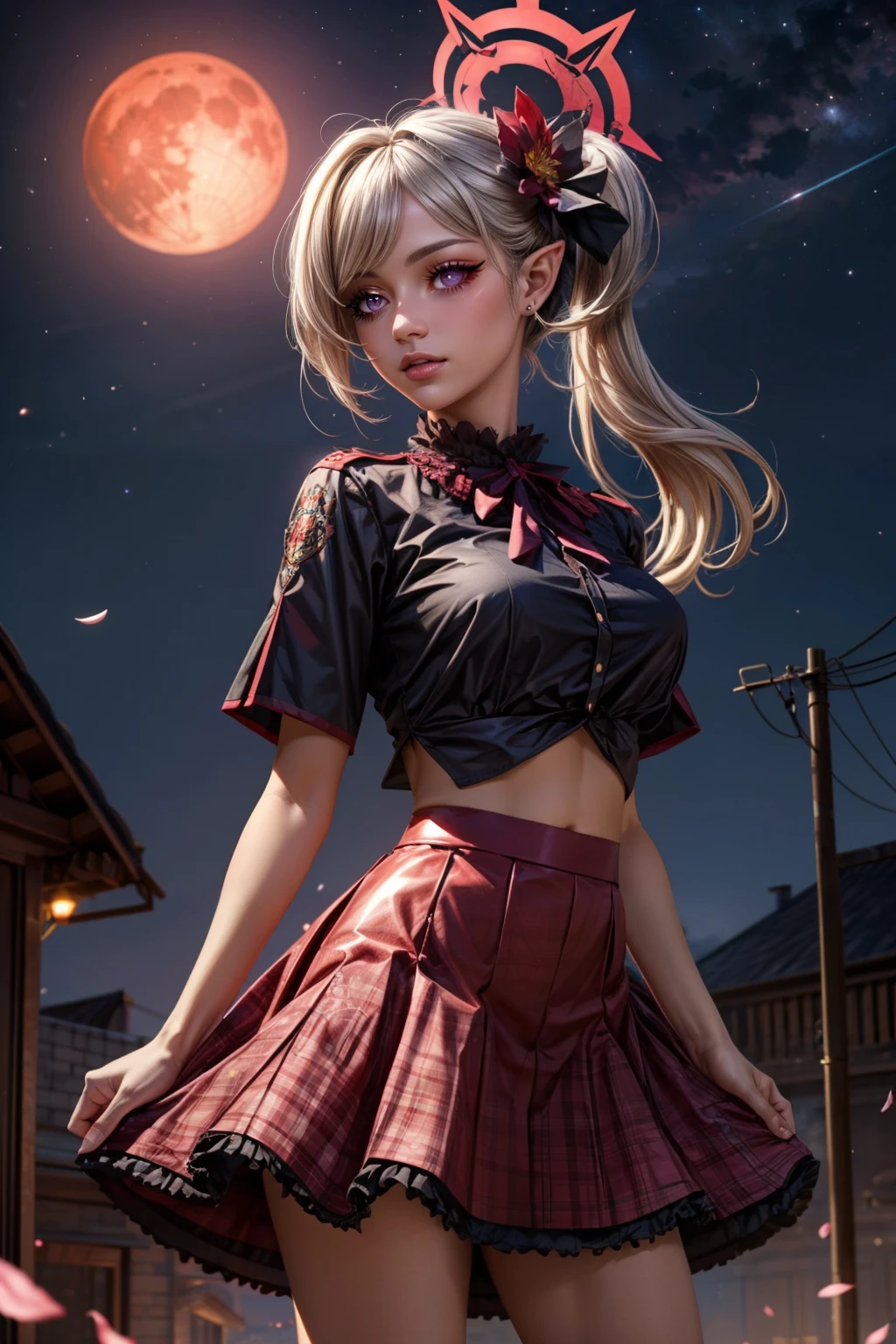 (ultra realistic,32k, masterpiece:1.2),(high detailed skin:1.1),( high quality:1.1), <lora:IllyasvielVonEinzbern_v1:0.7>, zzIllya, looking at viewer, night, outdoors, sky, red moon, vampire,  BREAK,   <lora:Mutsuki_BlueArchive_Citron:0.7>, zzMutsuki, long hair, halo, purple eyes, hair ornament, white hair, side ponytail, grey hair, pointy ears, hair flower,  solo, red skirt, short sleeves, frilled skirt, plaid skirt, black shirt,  BREAK,  blooming stars, luminescent petals, otherworldly fragrance blurry background, (looking at viewer, standing:1.1), huge breast, large breast, <lora:add_detail:0.92>, (glowwave:1.1),