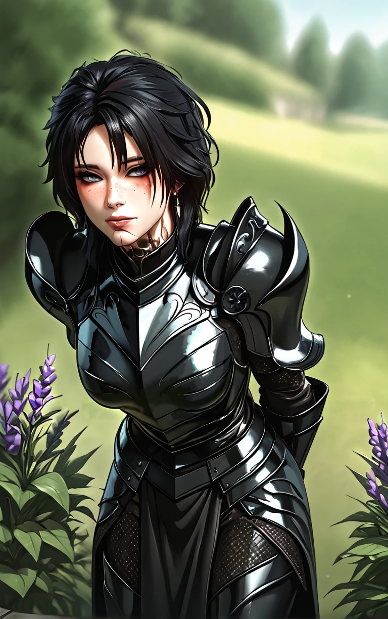 score_9, score_8_up, score_7_up, masterpiece, best quality, absurdres, solo, BREAK
BlackArmor_Evelyn_ownwaifu,
1girl, black hair, eyelashes, eyeliner, eyeshadow under eye, facial mark, grey eyes, lips, makeup, messy hair, neck tattoo, nose, pale skin, red eyeshadow, short hair, tattoo, freckles, jewelry, colored skin, cross earrings, medium hair, bangs, breasts, 
black armor, ornate armor, pauldrons, spikes, shoulder armor, breastplate, gauntlets, full armor, pelvic curtain, knight, plate armor, 
(leaning forward, arms behind back), cowboy shot, garden, wisteria, outdoors, <lora:PONYXL_BaldurGate3_Evelyn_ownwaifu:0.85> , depth of field