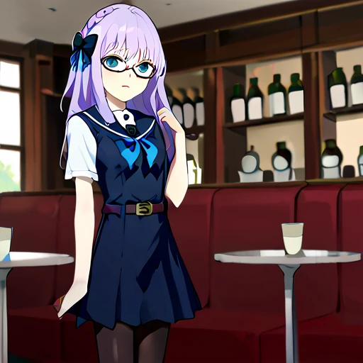 glasses, blue eyes, narrow eyes, bright pale violet hair,  Wispy Bangs, long hair, hair ornament, braid hair, pantyhose, slanted eyes,
narrow eyes, semi-rimless eyewear, short sleeves, black pantyhose, skirt, serafuku, hair bow, bule ribbon, slimãsmall breasts, loafers, belt, under-rim eyewear, blue 
ribbon tie, cafe, (panty:1.5), <lora:akane_maru-000008:1>