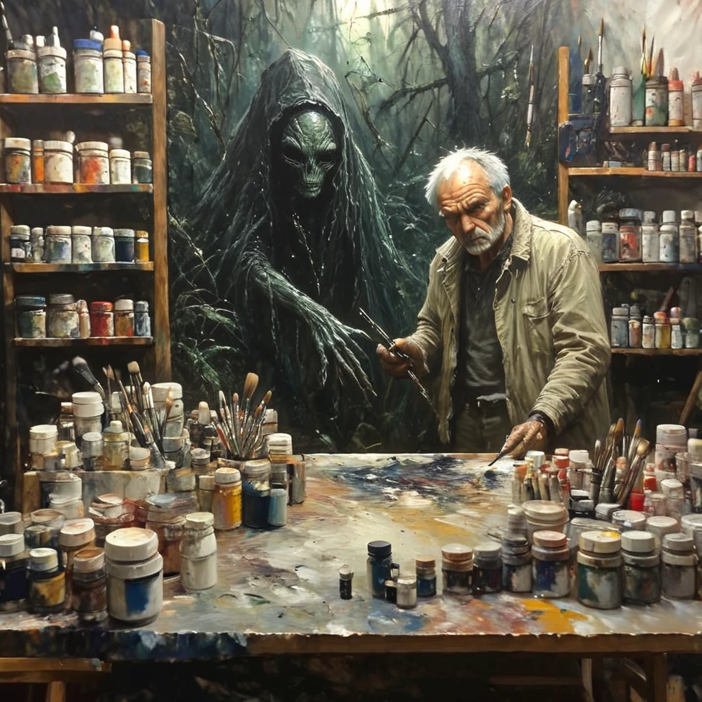 oneironartifex onefex a painting in a painting studio, old artist man and alien, very detailed<lora:oneironartifex:1.2>