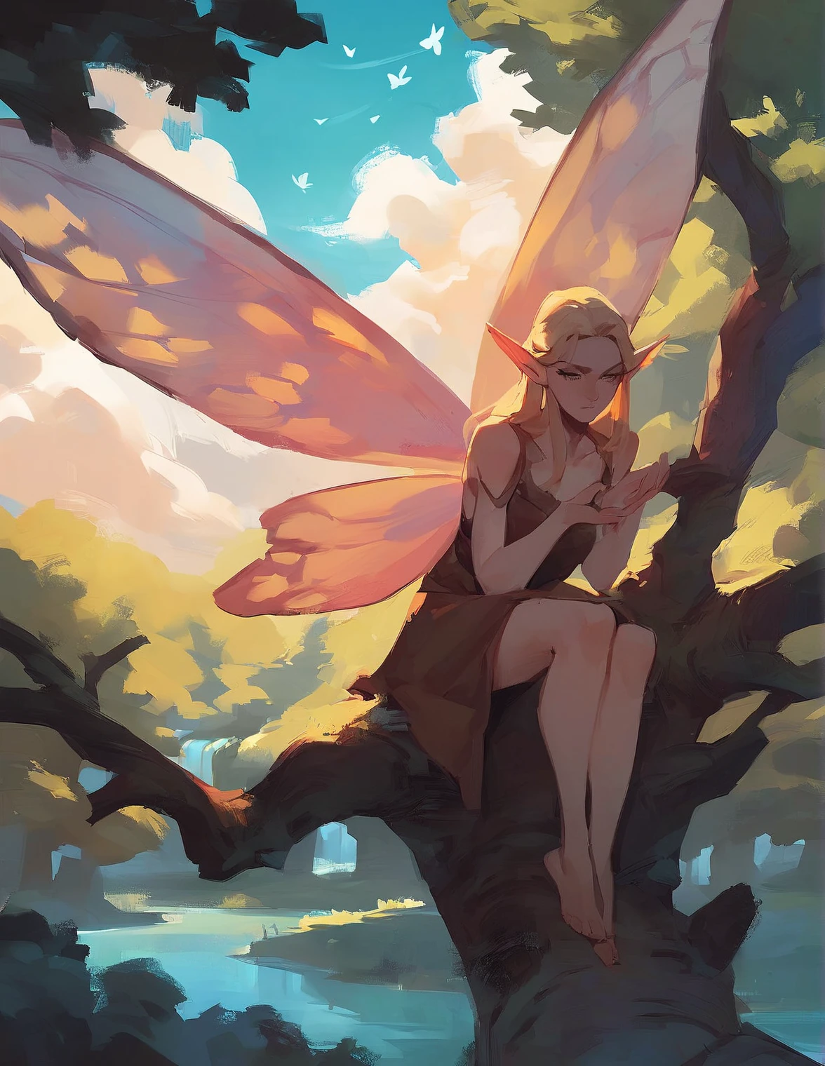 score_9, score_8_up, score_7_up, score_6_up, MTGr3b3cc4 style, painting,  1girl, solo, blonde hair, sitting, wings, barefoot, pointy ears, tree, fairy, in tree, sitting in tree, outdoors, yellow sky, clouds, trees. by the river,, <lora:MTGr3b3cc4 v1.0:0.5>