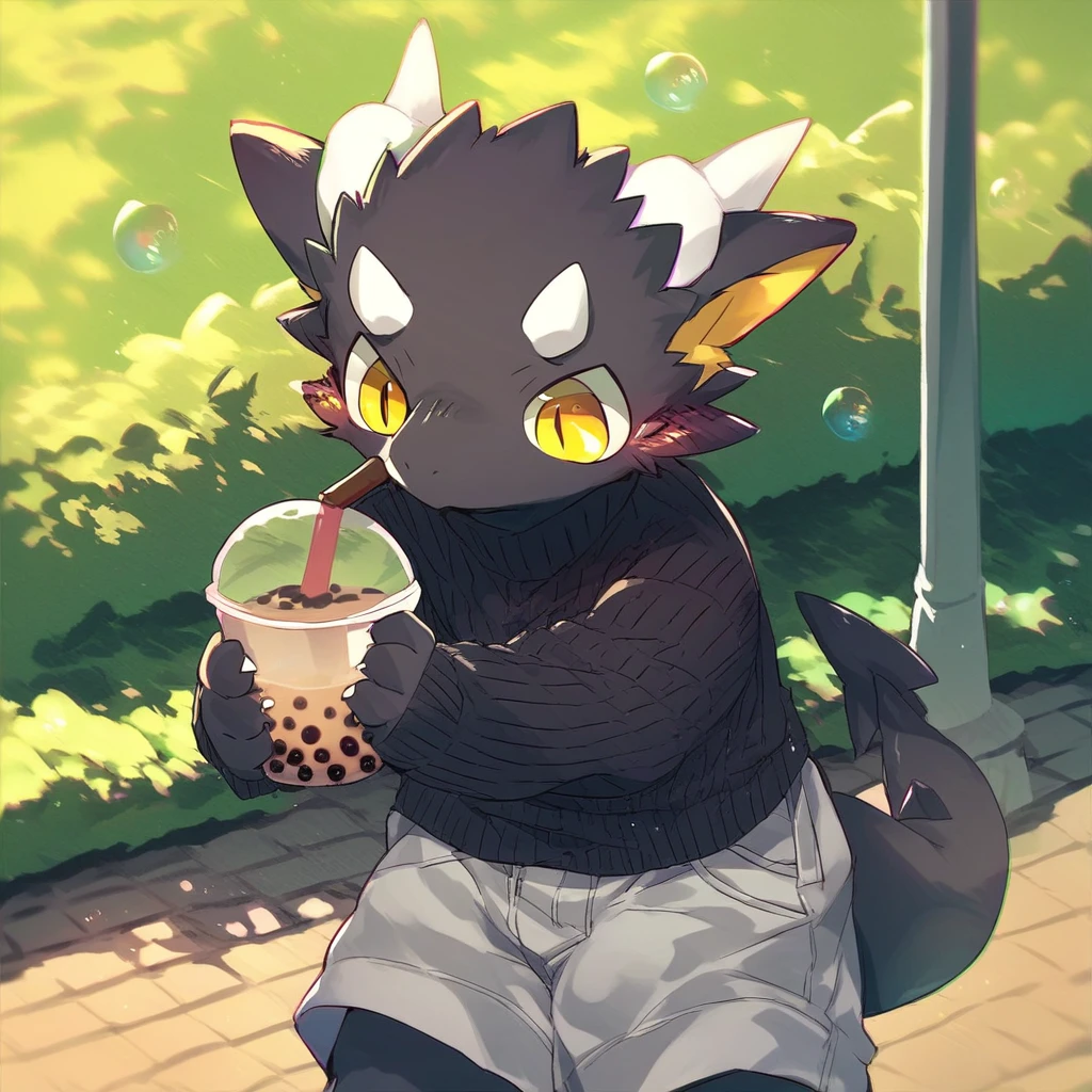 score_9_up, score_8_up, score_7_up, source_furry, mikus-M0fuch4, black dragon, black body, white horns, yellow eyes, park, holding, bubble tea, black sweater, gray shorts, 1boy, solo