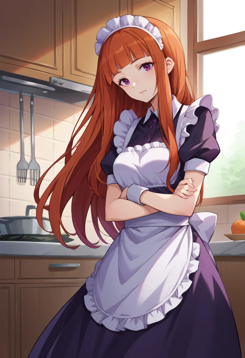 score_9, score_8_up, source_anime, 1girl, solo, AnjuYuuki, purple eyes, orange hair, long hair, blunt bangs, maid, maid headdress, maid apron, kitchen, <lora:ChamAnjuYuukiPonyXL:1>