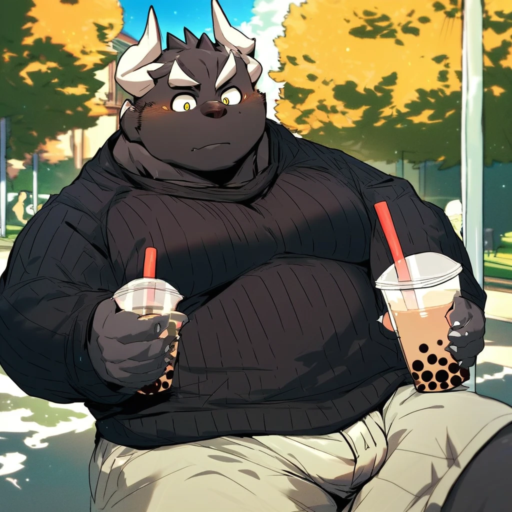 score_9_up, score_8_up, score_7_up, source_furry, mikus-mozukuzanmai, black dragon, black body, white horns, yellow eyes, park, holding, bubble tea, black sweater, gray shorts, 1boy, solo