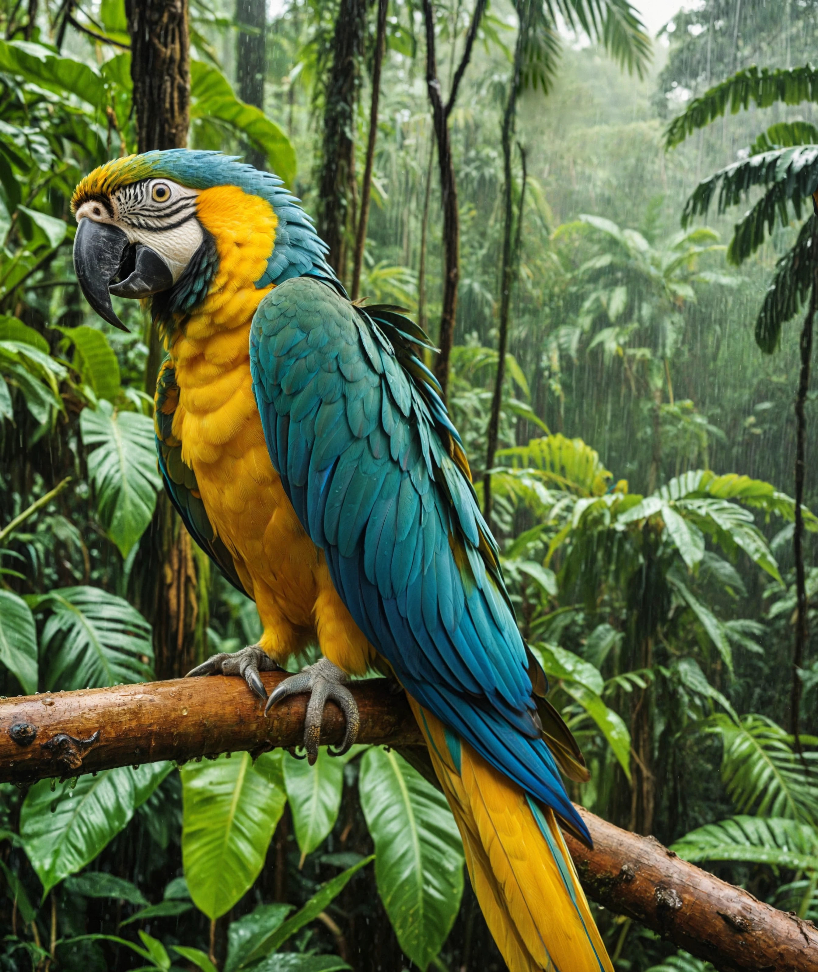 cinematic photo phone camera photo of cinematic photo of a majestic Blue and Gold (yellow) macaw Bird Parrot sat on a branch in the jungle rain forest, colourful, shot, film grain, extremely detailed