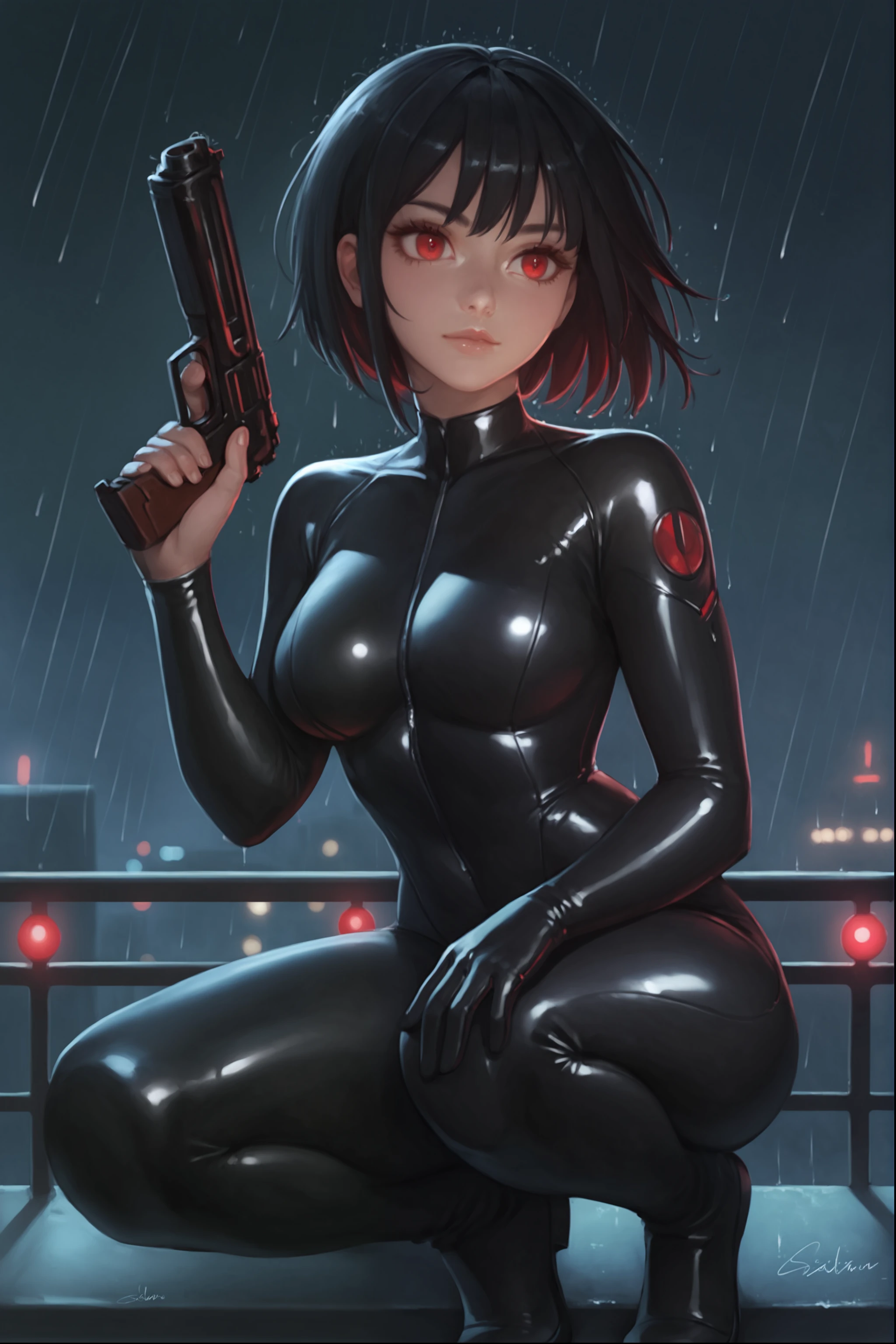 score_9, score_8_up, score_7_up, score_6_up, Solo, ((1girl Rignetta)),   (short black hair, red eyes), (Detailed face),  8k detailed skin, HD body texture,  black latex suit,  <lora:add-detail-xl:1> , on one knee,  (portrait), (holding gun, reloading), rain, rooftop, neon lighs,   <lora:Expressive_H-000001:1> <lora:sakimi4:1>  <lora:Rignetta_from_H_game:0.6>