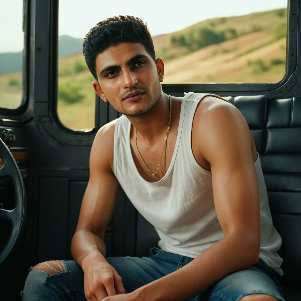 low camera shot, mena massoud a man <lora:shubman-gill_Mena-Massoud:1>, rugged, detailed face, sitting legs crossed inside cabin lorry, legs dangling, wearing tank top, sunlight, barefoot, masterpiece,8k,depth of field, bokeh, detailed,sharp focus,  elegant, cinematic lighting, ,photorealistic, taken using a Leica SL2 & the APO-Summicron-SL 28 f/2 ASPH lens, shutter speed 1/200s, ISO 100 and natural light, Hyper Realistic Photography, Cinematic, Cinema, Hyperdetail, UHD, Color Correction, hdr, color grading, hyper realistic CG animation ((remarkable color)), (ultra realistic), textured skin, remarkable detailed pupils, ((realistic dull skin noise)), ((visible skin detail)), ((skin fuzz)), shot with cinematic camera, 3D render, ((hyper realism)), sharp focus, cinematic lighting, photo realistic, hyper realistic. 4k, natural, global illumination, caustics, ratytracing, Unreal Engine, highly detailed, High dynamic range, vivid, rich details, clear shadows and highlights, realistic, intense, enhanced contrast, highly detailed <lora:add-detail-xl:1>