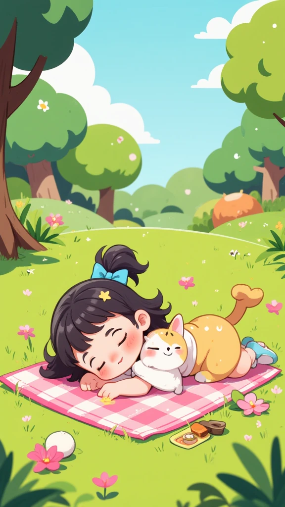 1qqq,cute girl sleep on green grass, Picnic mat, cat