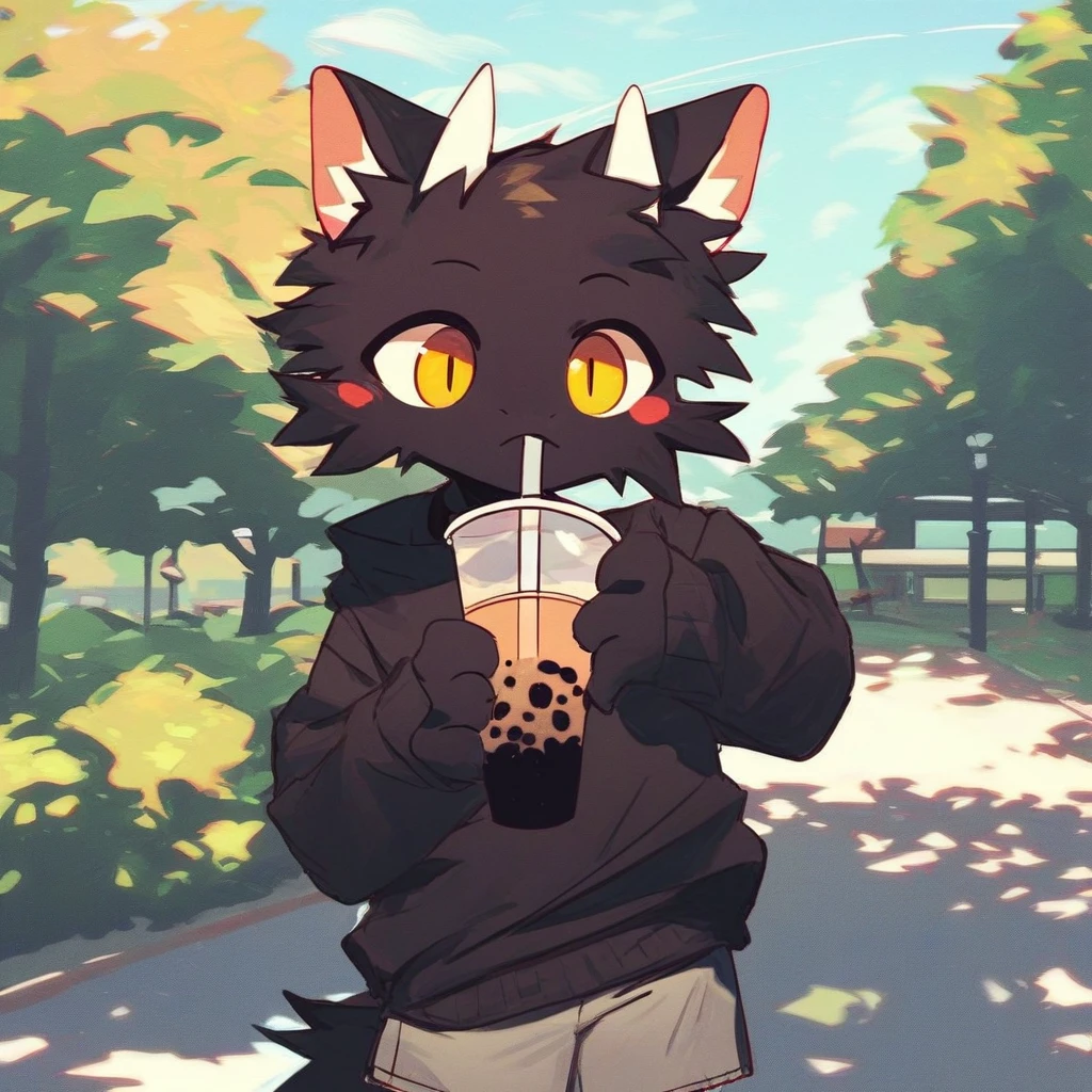 score_9_up, score_8_up, score_7_up, source_furry, mikus-poiuuShho, black dragon, black body, white horns, yellow eyes, park, holding, bubble tea, black sweater, gray shorts, 1boy, solo