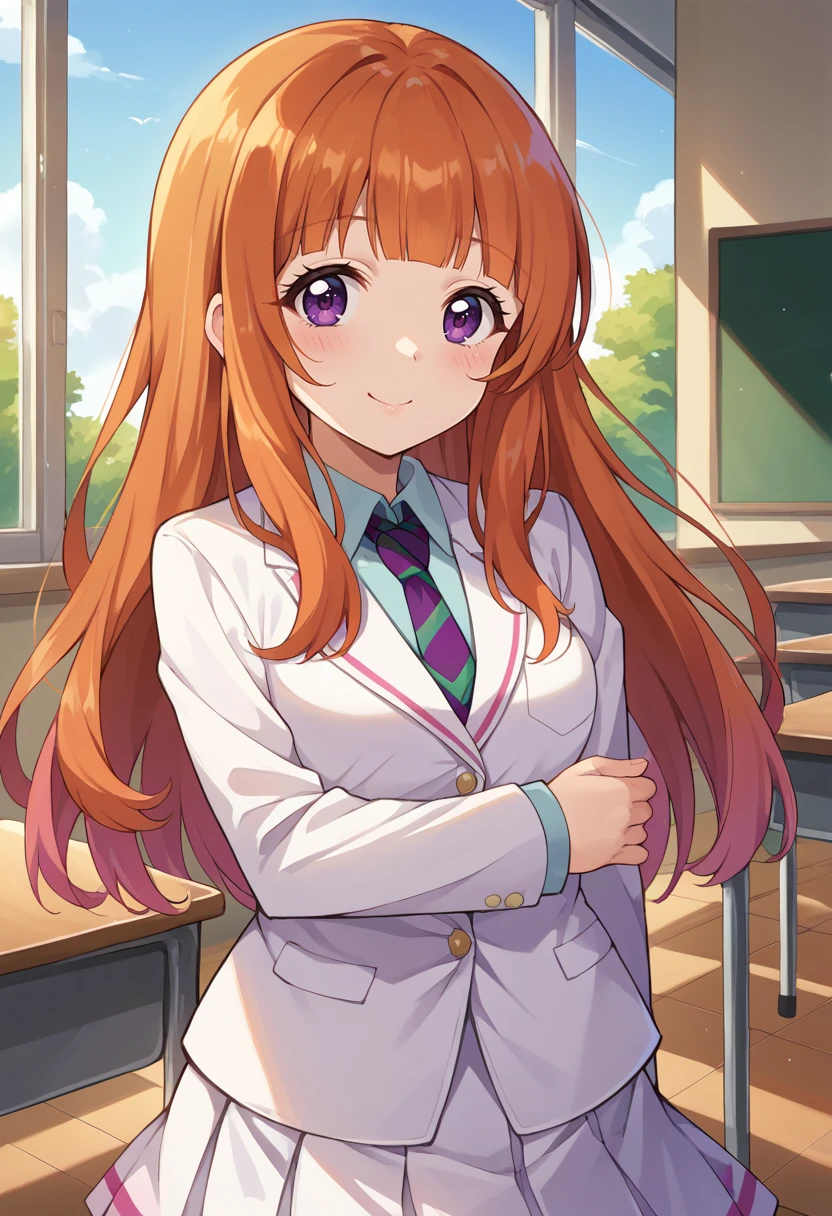 score_9, score_8_up, source_anime, 1girl, solo, AnjuYuuki, purple eyes, orange hair, long hair, blunt bangs, white blazer, long sleeves, striped necktie, red necktie, white skirt, indoors, classroom, smile, blush, window, sakura blossom tree, <lora:ChamAnjuYuukiPonyXL:1>