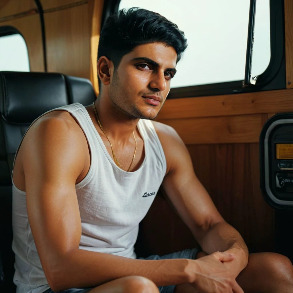 low camera shot, mena massoud a man <lora:shubman-gill_Mena-Massoud:1>, rugged, detailed face, sitting legs crossed inside cabin lorry, legs dangling, wearing tank top, sunlight, barefoot, masterpiece,8k,depth of field, bokeh, detailed,sharp focus,  elegant, cinematic lighting, ,photorealistic, taken using a Leica SL2 & the APO-Summicron-SL 28 f/2 ASPH lens, shutter speed 1/200s, ISO 100 and natural light, Hyper Realistic Photography, Cinematic, Cinema, Hyperdetail, UHD, Color Correction, hdr, color grading, hyper realistic CG animation ((remarkable color)), (ultra realistic), textured skin, remarkable detailed pupils, ((realistic dull skin noise)), ((visible skin detail)), ((skin fuzz)), shot with cinematic camera, 3D render, ((hyper realism)), sharp focus, cinematic lighting, photo realistic, hyper realistic. 4k, natural, global illumination, caustics, ratytracing, Unreal Engine, highly detailed, High dynamic range, vivid, rich details, clear shadows and highlights, realistic, intense, enhanced contrast, highly detailed <lora:add-detail-xl:1>