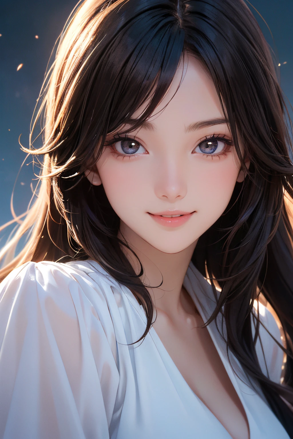 1girl, upper body, 18 years old, beautiful face, dark brown eyes, glowing eyes, sensuous lips, smiling, side soft light, triadic color scheme, (high-quality:1.2), (best-quality1.2), (absurd-res, ultra detailed:1.1), epic composition, dramatic lighting