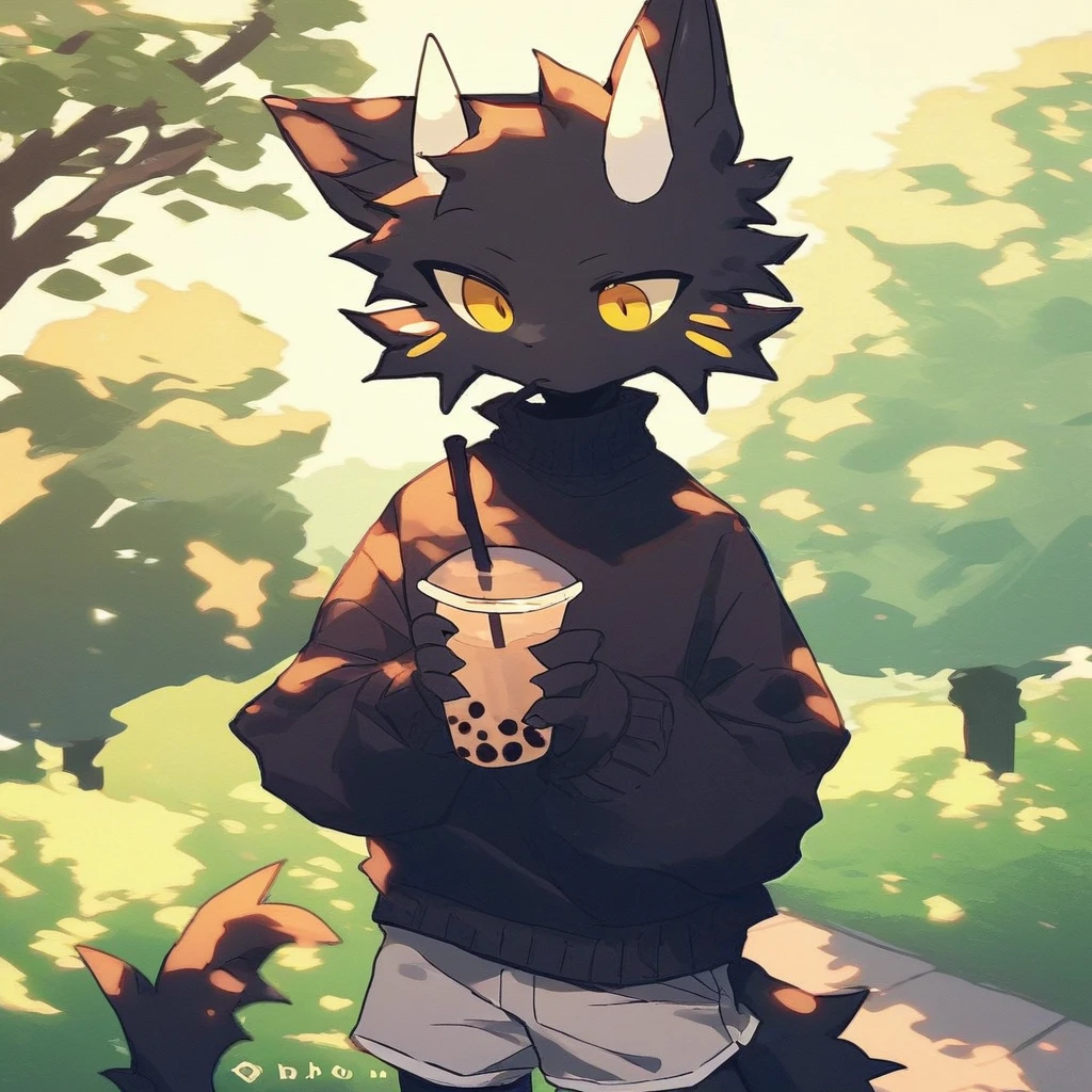 score_9_up, score_8_up, score_7_up, source_furry, mikus-poiuuShho, black dragon, black body, white horns, yellow eyes, park, holding, bubble tea, black sweater, gray shorts, 1boy, solo