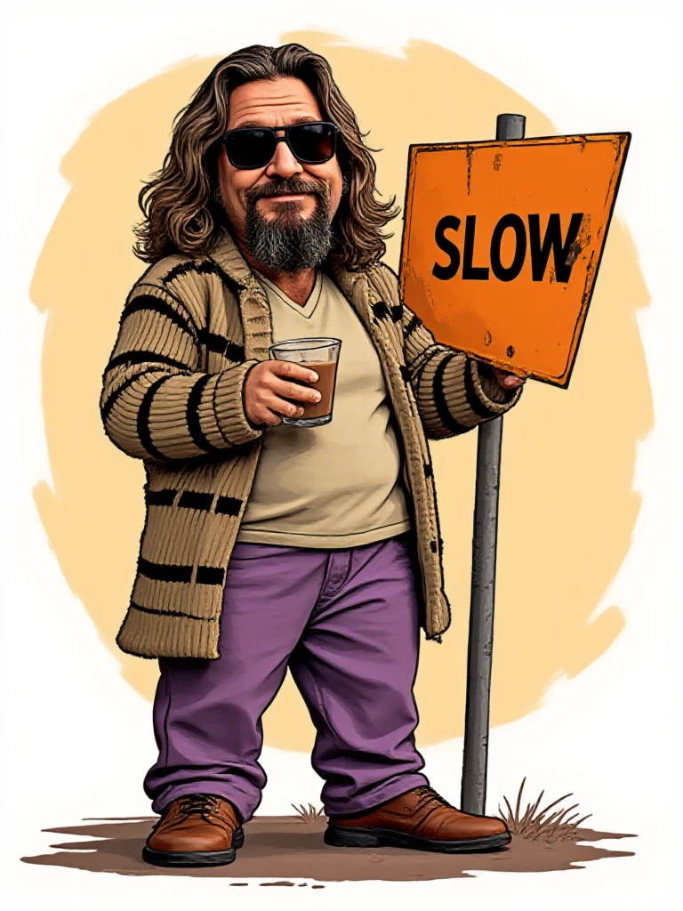 vector logo, pop art style, a happy man with long hair and a beard wearing a long sweater and purple pants with sunglasses is standing next to a road construction sign, the text says "SLOW", holding a short glass of chocolate milk