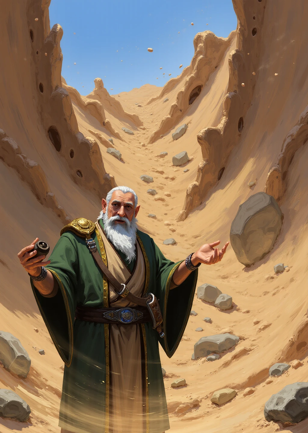 An illustration of an old man in front of a earth landslide he's casting earth magic, green and gold robe.