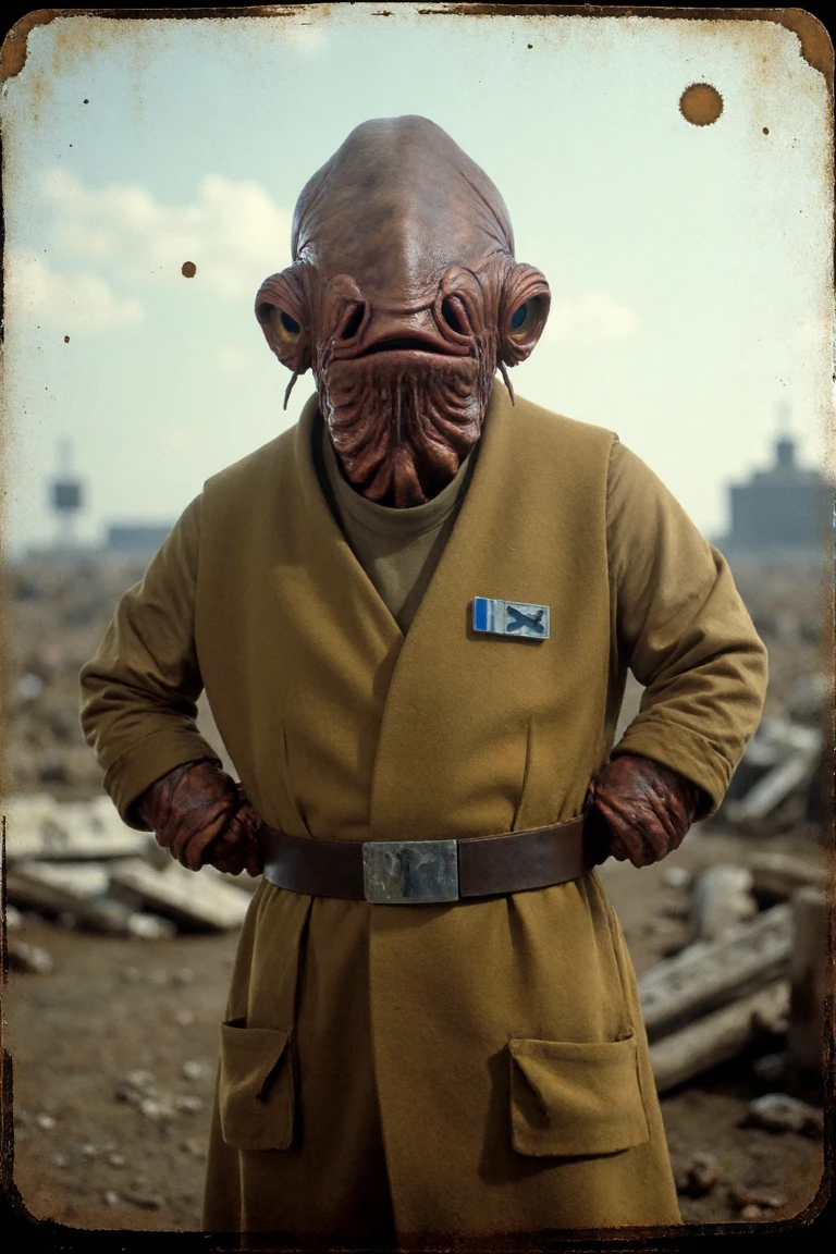 analog film photo Portrait of Admiral Ackbar as shell-shocked WW2 soldier on battlefield, faded color photo  . faded film, desaturated, 35mm photo, grainy, vignette, vintage, Kodachrome, Lomography, stained, highly detailed, found footage