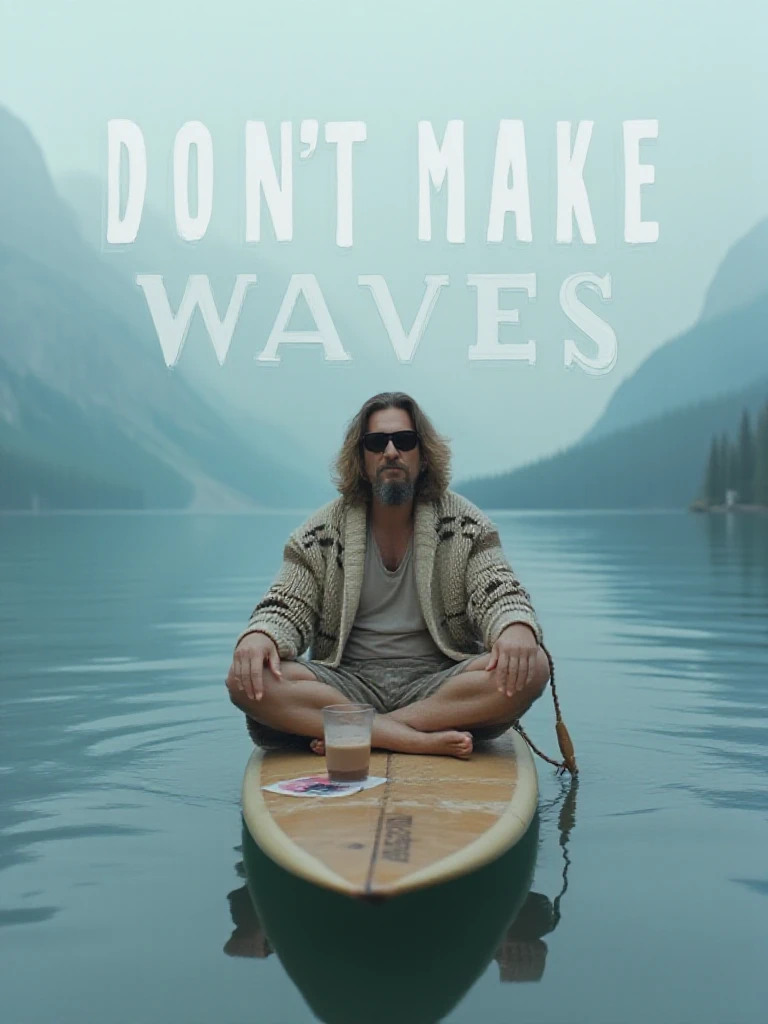 The Dude is sitting cross-legged on a surfboard, floating in the middle of a calm lake, surrounded by misty mountains. He's meditating with complete serenity, wearing sunglasses and his robe, with a half-finished short glass of chocolate milk next to him. Large text caption reads "DON'T MAKE WAVES"