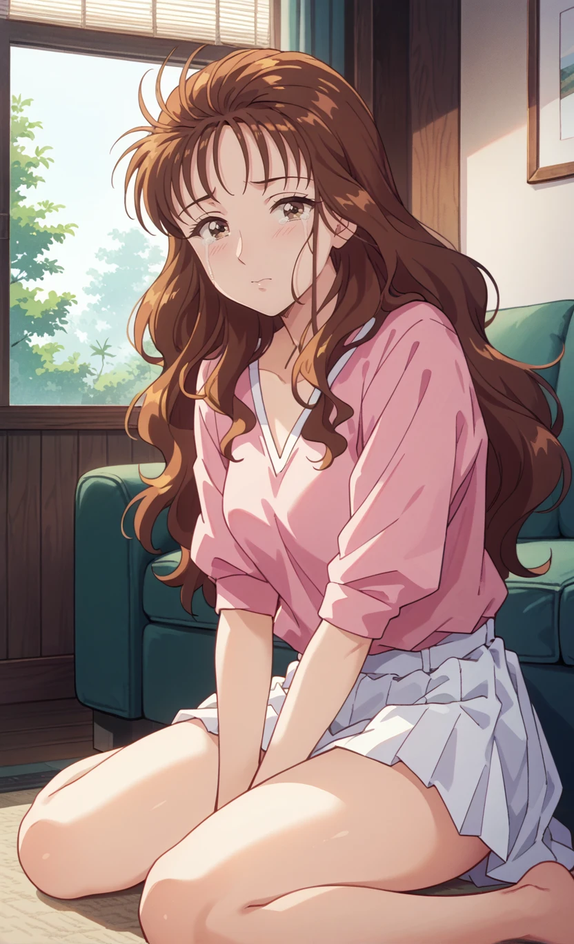 kindaichisaotomeryouko, best quality, masterpiece, uncensored, 1girl,solo,(retro artstyle, 1990s \(style\):1)
,long hair,brown eyes,brown hair,indoors,room,window,tree,pink shirts,white skirt,0.3 :: sitting,sofa  ,0.1 :: sad,tears    ,0.4 ::  ,0.7 :: ,0.2 :: full body ,0.7 :: ,looking at viewer,  <lora:KindaichiSaotomeRyouko4thtail:1>