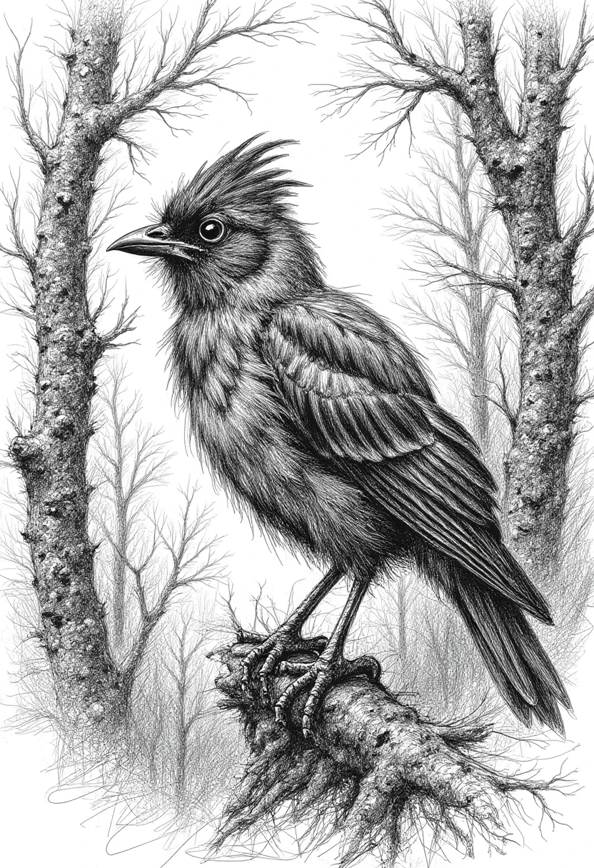 a black and white drawing, portrait of a bird in the strange forest