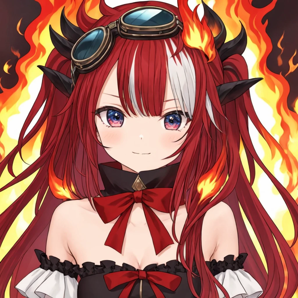 saya, red crimson hair, small breasts, white bangs, dragon girl, goggles, bare shoulders, gradient eyes, virtual youtuber, anime drawing, short,
maid outfit, frills, burning flames, close up, sharpness, 
<lora:SAYA-XL-t1-000004:0.6>