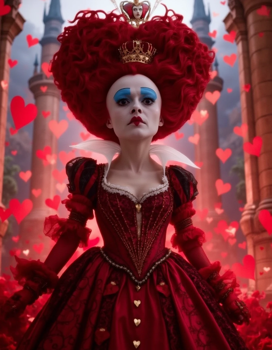 the queen of heart, whimsical style, extravagant heart-shaped crown, lavish crimson attire, floating hearts and card motifs, glowing magical castle backdrop, soft pastel lighting, fantasy realism, richly detailed, 4k image.