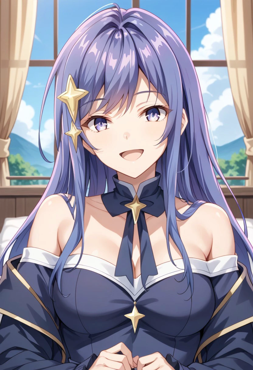 score_9,score_8_up,score_7_up,source_anime, maha_(ansatsu_kizoku),1girl,solo,looking at viewer,smile,open mouth,hair ornament,purple hair,sidelocks,:d,outdoors,sky,day,indoors,star \(symbol\),portrait,curtains,meme,star hair ornament