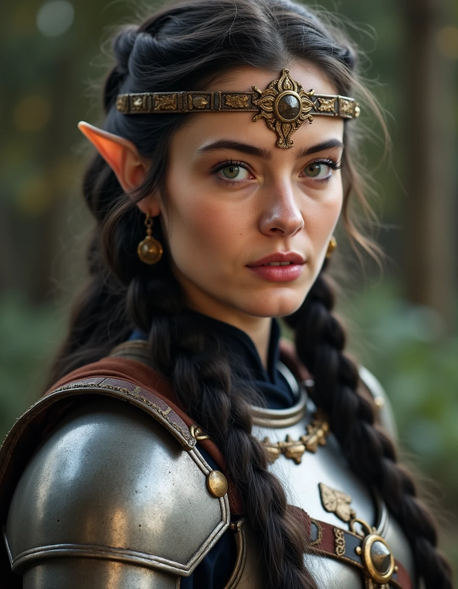 woman with black braided ponytail, (elven ears), wearing a metal circlet and mail armor, medieval cleric temple   <lora:oirmos191f5c5a0a2n55a0:0.7> J3n3