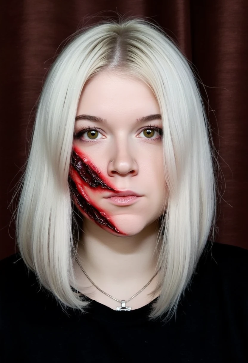nsfw, Gothic horror, 1 erotic vamp, solo, mature sexy adult, evil MILF, lady from hell, vampire beauty, femme fatale, evil apostle of darkness, peerless beauty, (((((👄, 👅, Sensually Baring Her Fangs, Vampire Bite),(slyly looks), (Cruel grinning slit eyes), (evil roguish smile))))), a Vampire Kiss, masterpiece, perfect anatomy, ideal facial features, ideally proportioned figure, perfectly beautiful body, Has a sharp look in their eyes, makeup, sensual Blonde, Very short, pixie cut, Beautifully detailed eyes, double eyelid, (eyeliner:1.2), mascara, eyeshadow, golden eyes, Beautifully detailed nose and nostrils, Beautifully detailed lips, (lipstick:1.1),(Dark red lips, glossy lips), (Vampire Fangs), tongue, saliva, Focus only on the mouth, Woman mouth close up, from front, glaring at you