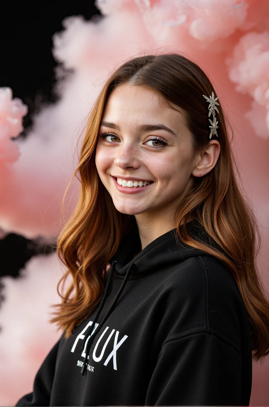 Photograph of adult woman ATRX_MANUELA_FLUX. She is wearing a black hoodie. She is smiling with teeth showing. Text on the front of the hoodie is (((large white text of "FLUX"))) over (((small text of "Manuela"))). A decorative hair clip is holding back her hair over her ear. There are large billowing clouds of pink smoke across the black background. <lora:atrx-manuela-flux-v01:1>