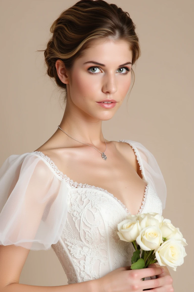 A portrait of the young wo1v3t4B dressed in an elegant, vintage-style white gown with voluminous sleeves and delicate lace detailing. Her hair is styled in a graceful updo, with a few loose tendrils framing her face. She wears a subtle, radiant smile, and her cheeks have soft, rosy blush. Around her neck is a simple yet refined necklace with a pendant that complements the formal tone of her outfit. In her hands, she holds a bouquet of light-colored flowers, possibly white roses, adding to the gentle, romantic atmosphere. Her expression and posture evoke an air of grace, innocence, and serenity. The lighting highlights her refined features, giving her an almost ethereal glow.