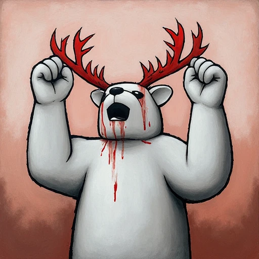 a painting by Luke Chueh with a minimalistic cartoonish style, low angle view of a white bear in a triumphant pose, it holds its clawed hands up into the air, looking up with a neutral expression, it has deer-like antlers dripping with blood. The texture of the expressive background and the figure's skin is rough and gritty, enhancing the overall gritty, surreal feel of the image.