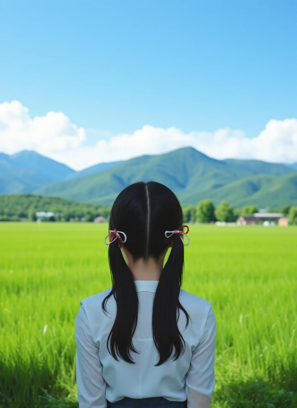 A symmetrical photography featuring a young woman with two pigtails, her dark hair with red and white ties peeking above her shoulders, gazing towards distant mountains. The scene captures a vast green field that extends infinitely, lush grass swaying gently under the sunlight. The serene rural landscape is under a clear blue sky that enhances the tranquil atmosphere. A realistic photography employing smooth digital enhancement techniques with precise detail, creating a harmonious color palette of cool greens and soft browns