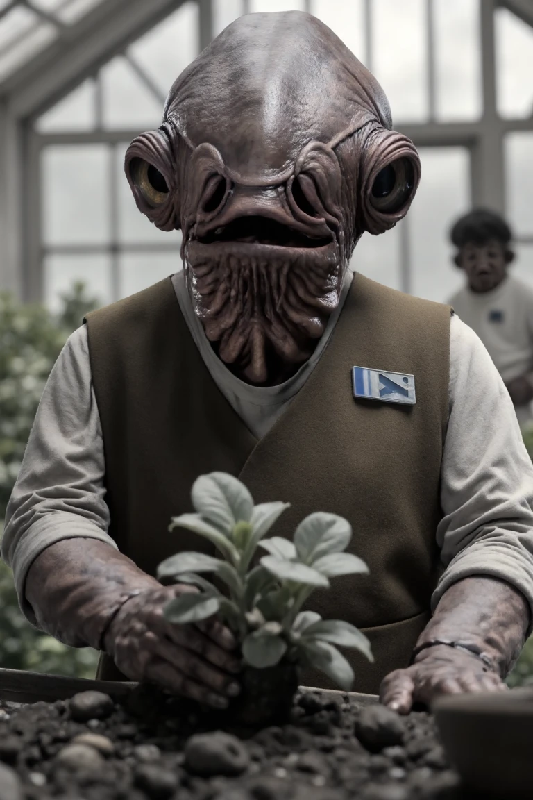 Candid Portrait Photography Admiral Ackbar singing while gardening , Candid Portrait Photography, often for natural expressions, unposed moments, or spontaneous captures.