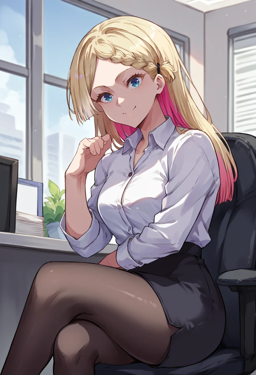 score_9, score_8_up, source_anime, 1girl, solo, SeiraKurusu, blue eyes, colored inner hair, blonde hair, pink hair, long hair, braid, indoors, office lady, office chair, sitting, crossed legs, miniskirt, black pantyhose, dress shirt, smile, <lora:ChamSeiraKurusuPonyXL:1>