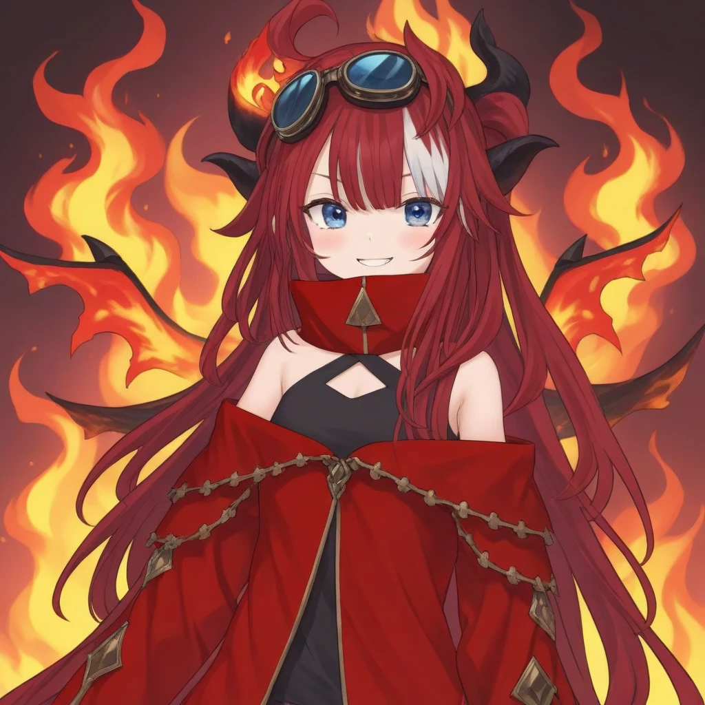 saya, red crimson hair, small breasts, streaked bangs, blue light gradient eyes, virtual youtuber, short, solo, 
FIRE, BURN IT ALL DOWN, FLAMES, COLOR RED, DESTRUCTION, looking at viewer, smile, happy, 
<lora:SAYA-XL-t1-000004:0.6>