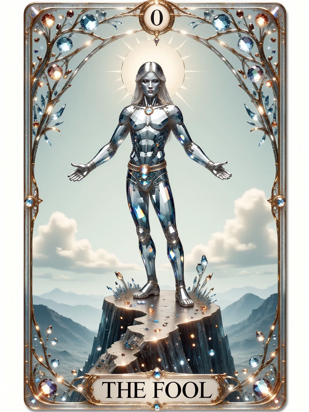 cs-cr1stal , Tarot card of The Fool, with text "0" at the top and text "The Fool" at the bottom, standing on a cliff <lora:Crystality Flux_v1:1>