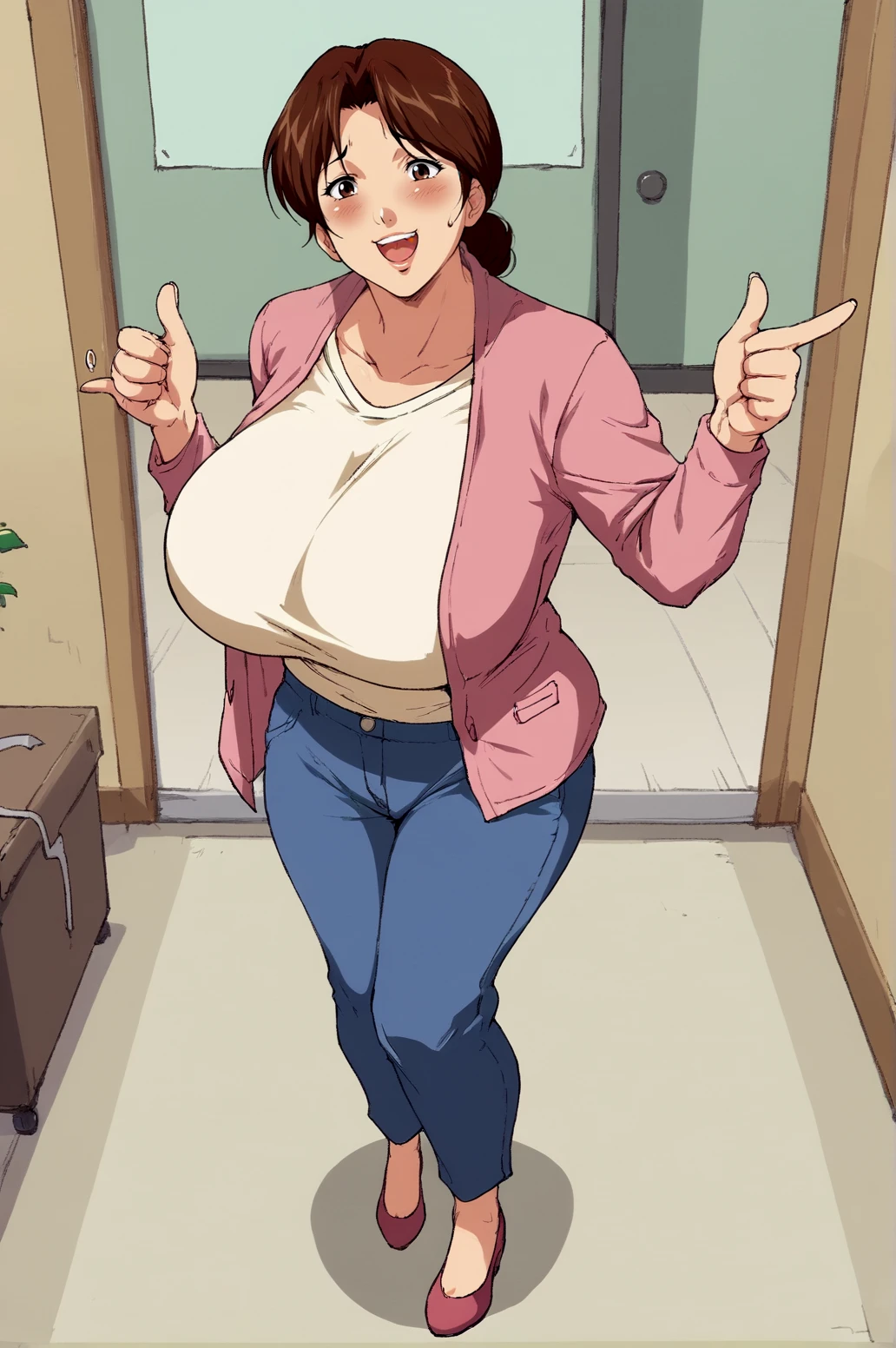 score_9, score_8_up, score_7_up,anime_source, source_anime, best background, detailed background, anime screencap,  Mitsuko Shindo, Main Outfit, huge breasts, naughty face, horny, blush, indoors, full body, thumbs up, dynamic angle, dynamic camera, <lora:JN_Mitsuko_Shindo:0.8>