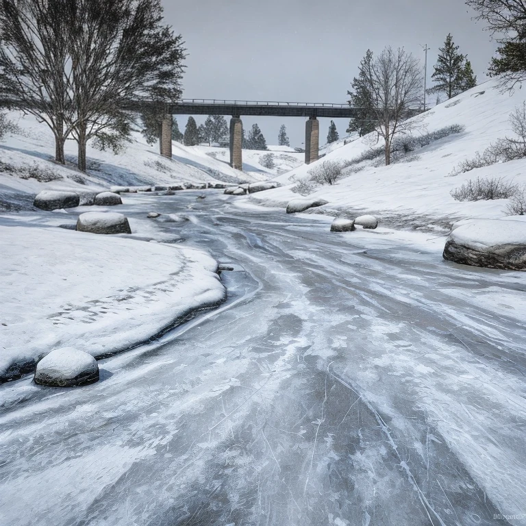 fzrvr1 A raw, unedited a frozen riverbed,. The frozen river stretches, with ice cracks and snow-dusted trees in the background. Taken with a Canon EOS R5, the image focuses on the straightforward details of the scene surroundings without any artistic or dynamic embellishments.