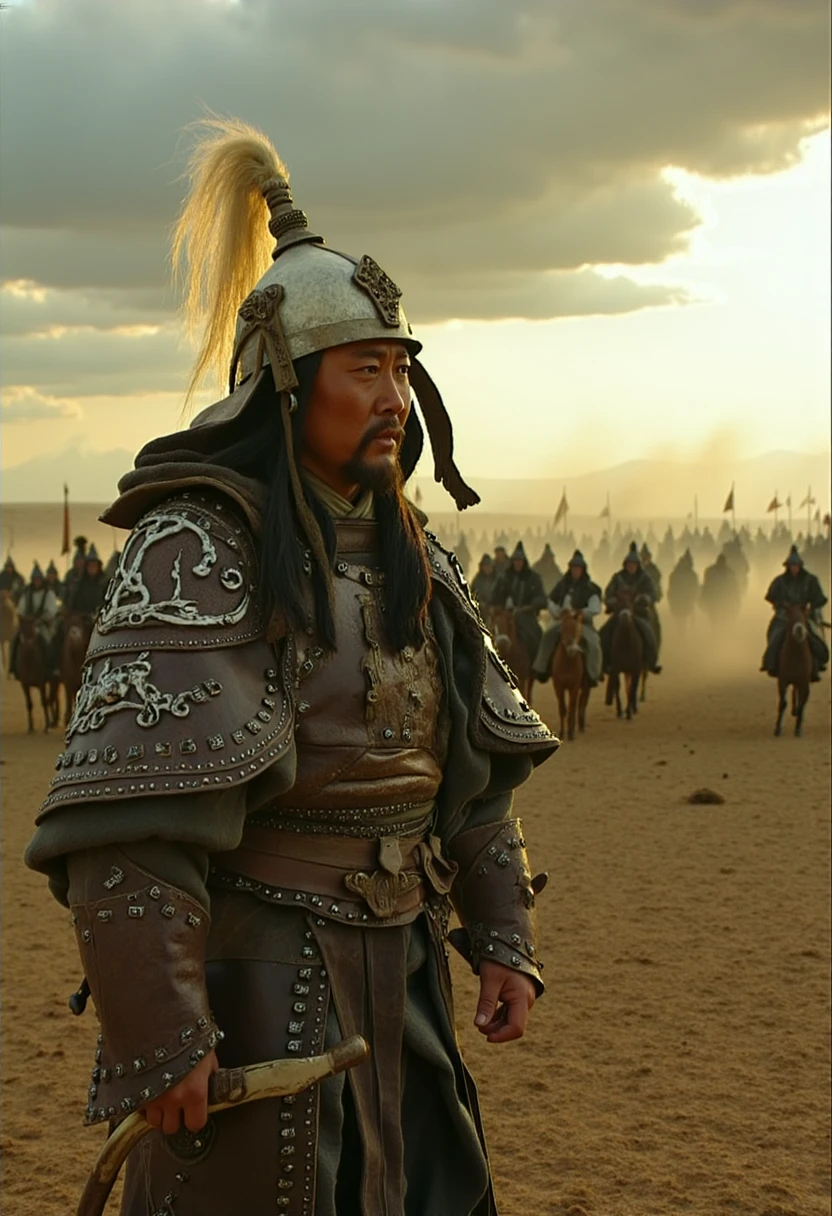 8k photorealistic, extremely detailed RAW photo of a Mongol warrior standing tall on the windswept battleground, his piercing gaze fixed on the distant horizon. He wears an intricately crafted lamellar armor made from bronze and hardened leather, each plate etched with ancient Mongol symbols and battle scars from countless victories. His fur-lined helmet, adorned with a single eagle feather, rests firmly on his head, casting a shadow over his intense eyes.

In his left hand, he grips a curved Mongol saber, its blade gleaming coldly under the dim light of a setting sun. In his right, a recurved composite bow, strung with taut sinew, ready for another strike. His weathered face is framed by long, black hair partially undone from the battle, fluttering in the wind alongside the blood-stained banner at his back.

The scene is set in a vast, desolate steppe, with smoke rising from distant battlefields. Scattered across the ground around him are remnants of the enemy—broken shields, shattered weapons, and lifeless bodies, blending into the scorched earth. In the far distance, Mongol horsemen gallop across the plains, chasing down the remnants of a retreating army, their war cries faint but echoing in the cold air.

Above him, the sky is an ominous swirl of dark clouds, with beams of fading sunlight piercing through, casting a golden glow on the warrior's armor and highlighting the battle-hardened strength in his posture. The atmosphere is one of unyielding determination, the essence of conquest and the weight of empire resting on his shoulders, as he stands as both conqueror and guardian of the endless steppes.