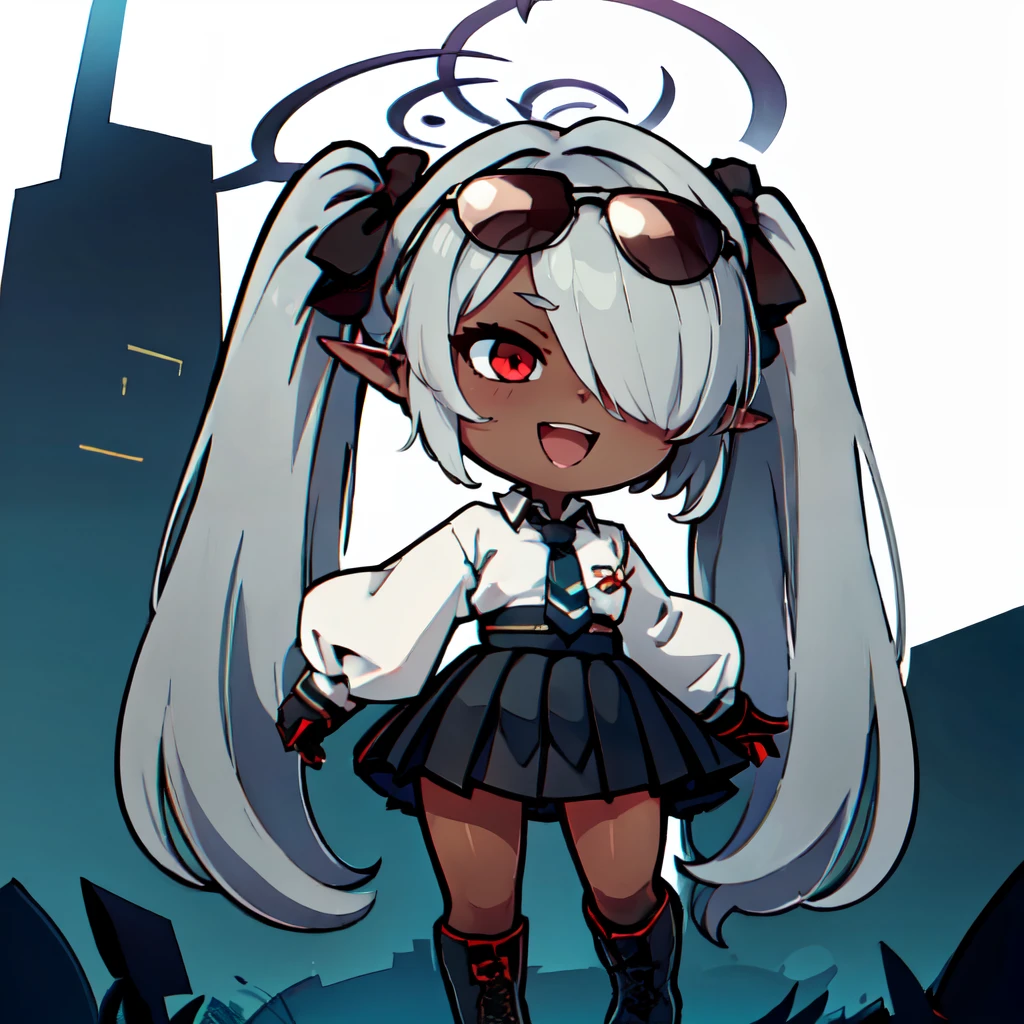 ((masterpiece,best quality)), absurdres,  ,,, <lora:BlueArchiveChibi:0.7>,  white background, chibi, smile, solo,  ,,, <lora:Iori_BlueArchive_Citron:0.8>, zzIori, grey hair, long hair, twintails, red eyes, dark skin, dark-skinned female, pointy ears, hair over one eye, ribbon, halo, very long hair, hair ribbon, tail, demon tail, sunglasses, eyewear on head armband, black necktie, black skirt, long sleeves, white shirt, black gloves, pleated skirt, collared shirt, black ribbon, black socks, knee highs, boots, black footwear, high-waist skirt, open mouth